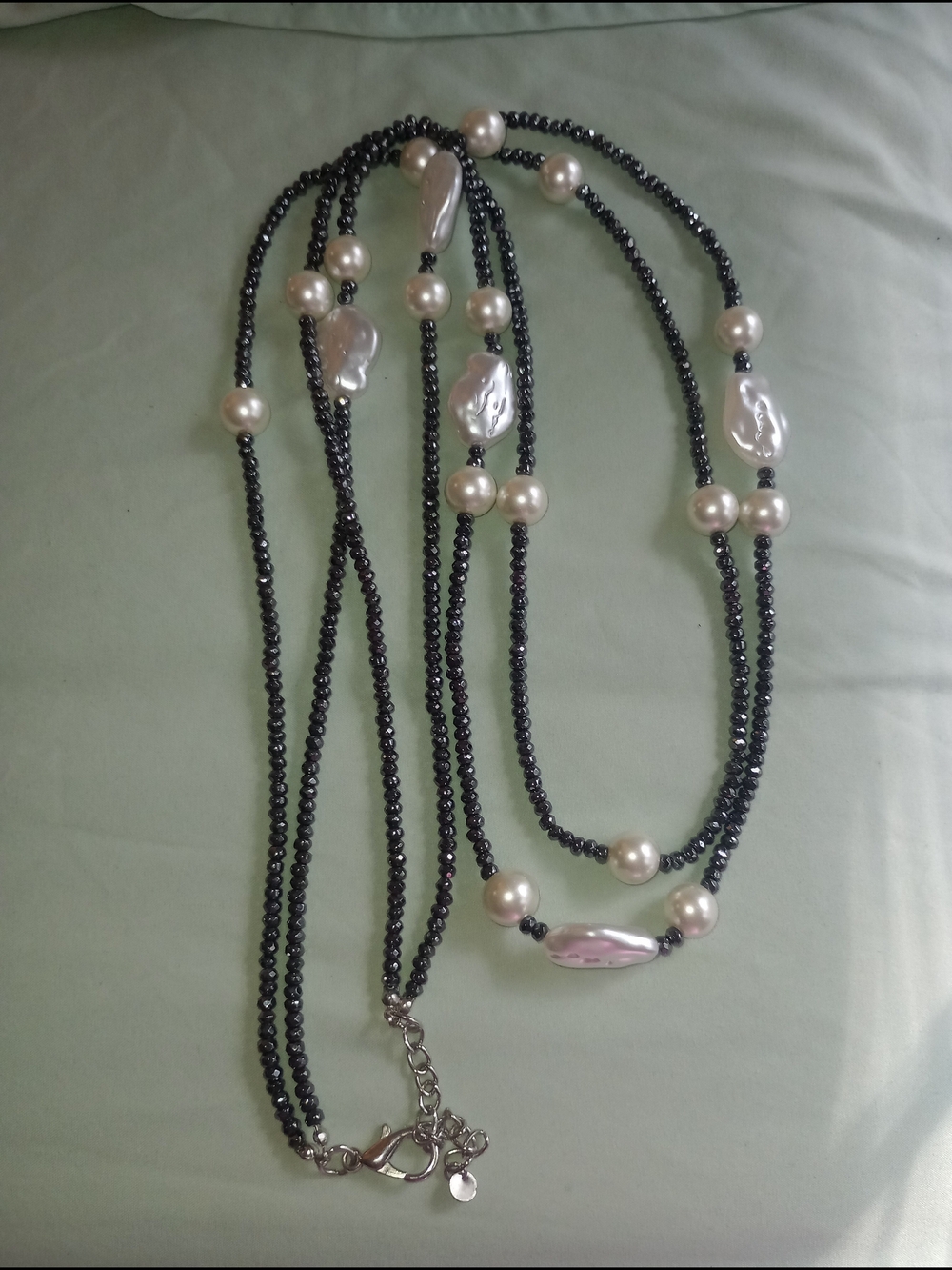 Elegant Black Beaded Faux Pearl Accent Long Necklace